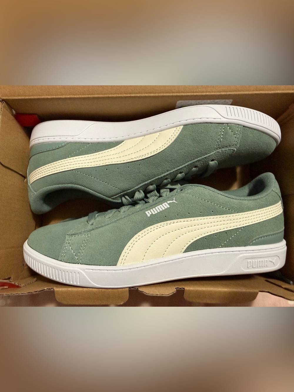 Puma Women's Suede Sneakers in Sage Green and Cream